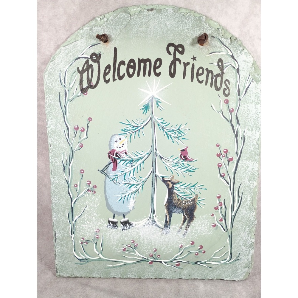 Hand Painted Slate Welcome Friends Sign Snowman Deer Winter Christmas Decor
